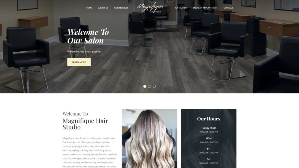 Screenshot of Magnifique Hair Studio's website