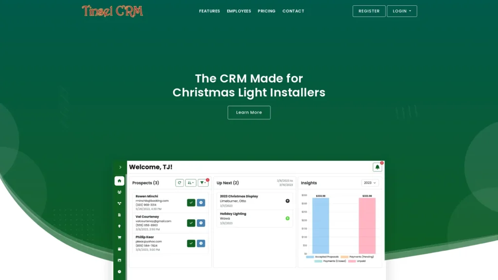 Screenshot of Tinsel CRM's website