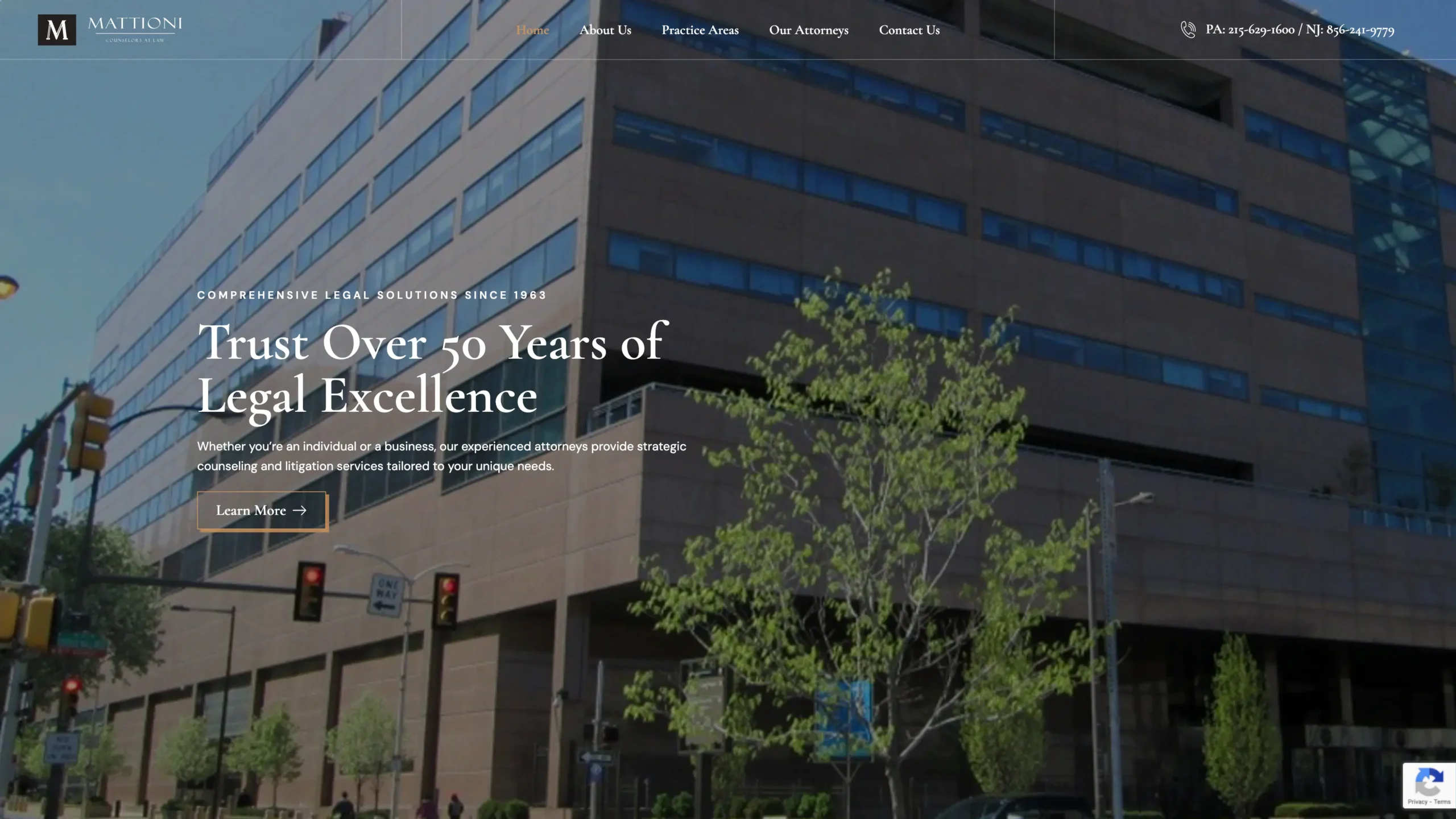 Screenshot of Mattioni Counselors at Law's website