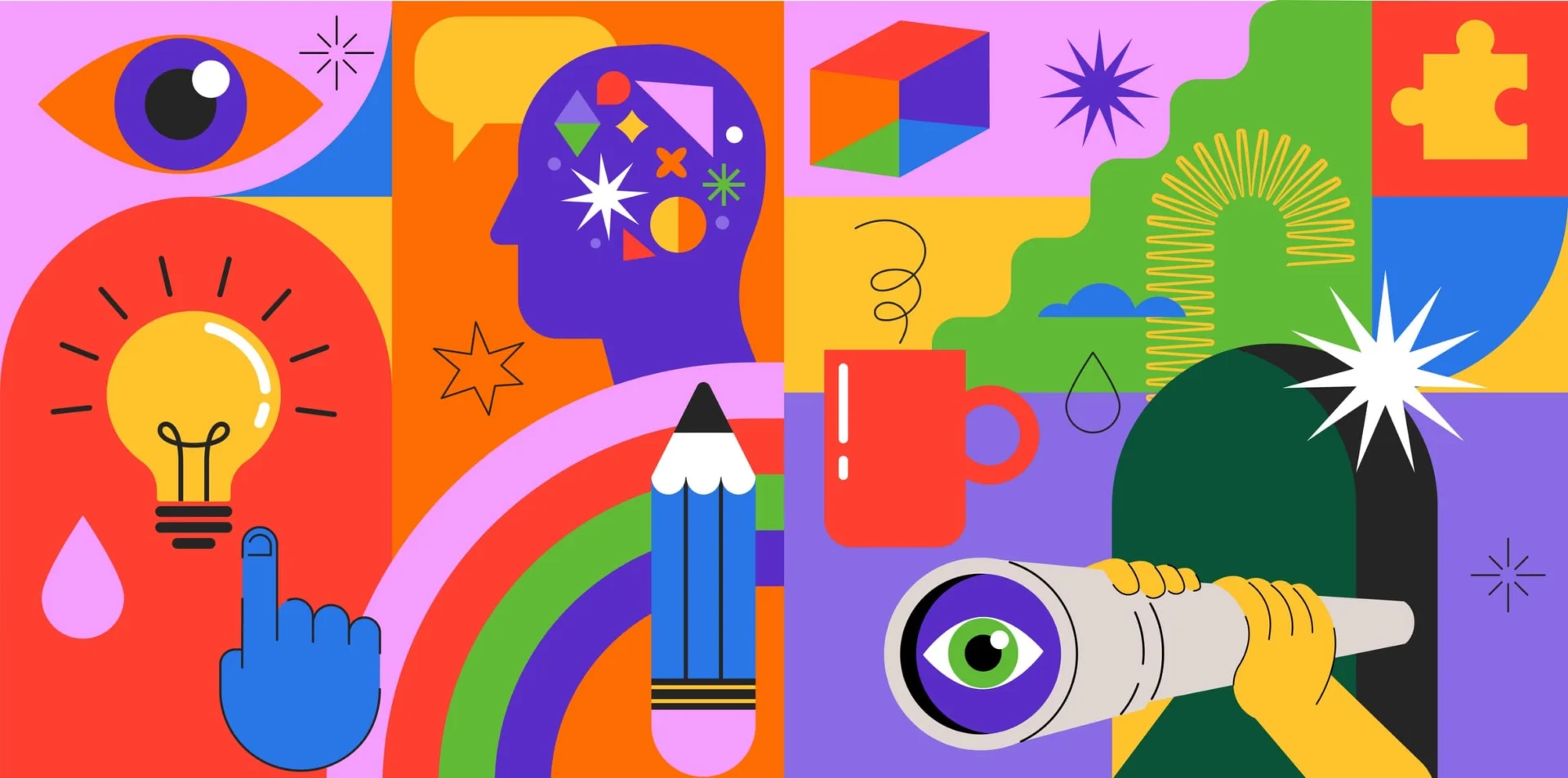 Idea, thinking out of the box, creativity and design background, banner, poster. Geometrical style vector design with light bulb, brain, pencil. Colorful concept illustration